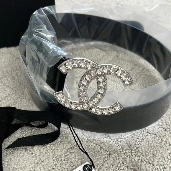 CHANEL | Accessories | Chanel Black Belt With Crystal Logo 